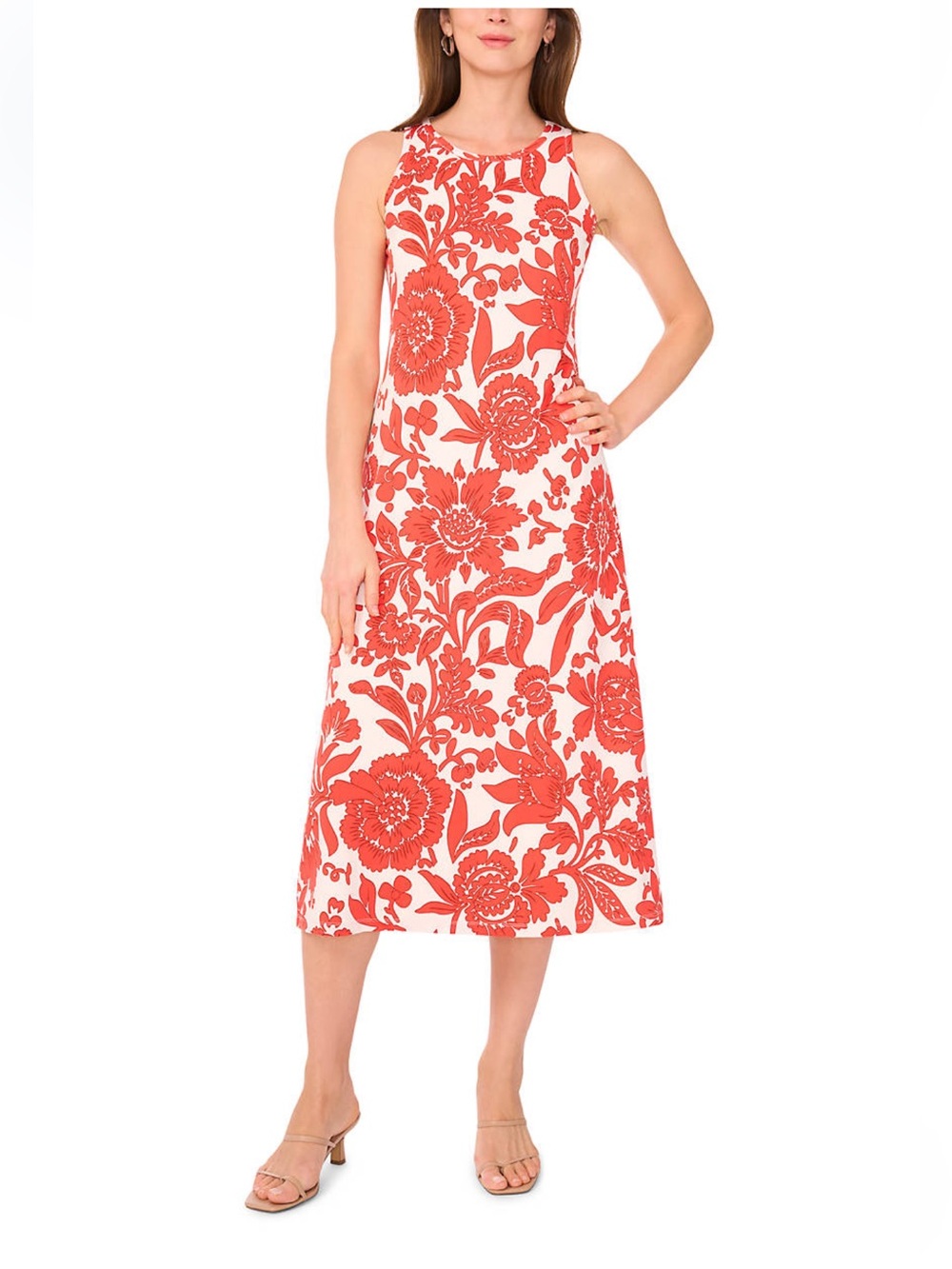 Vince Camuto Coral and Cream Floral Midi Dress